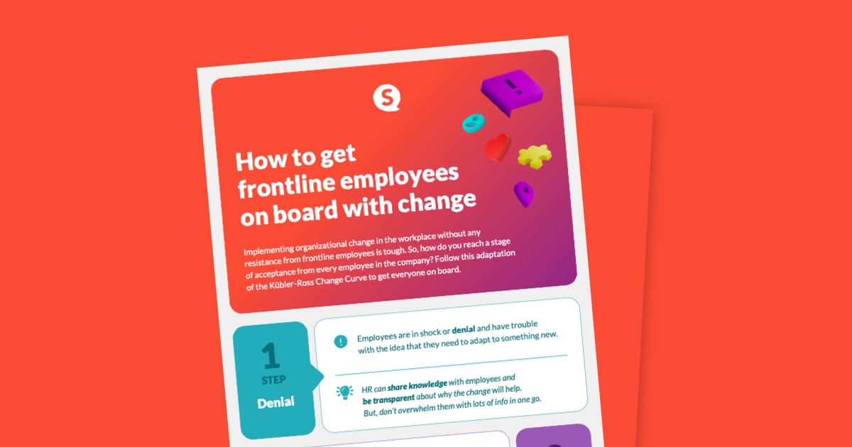 An infographic on 5 steps to get frontline employees excited about new employee communication tools.